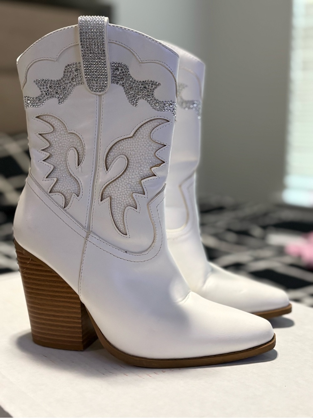 White Western Block Heel Boots with Rhinestone Accents